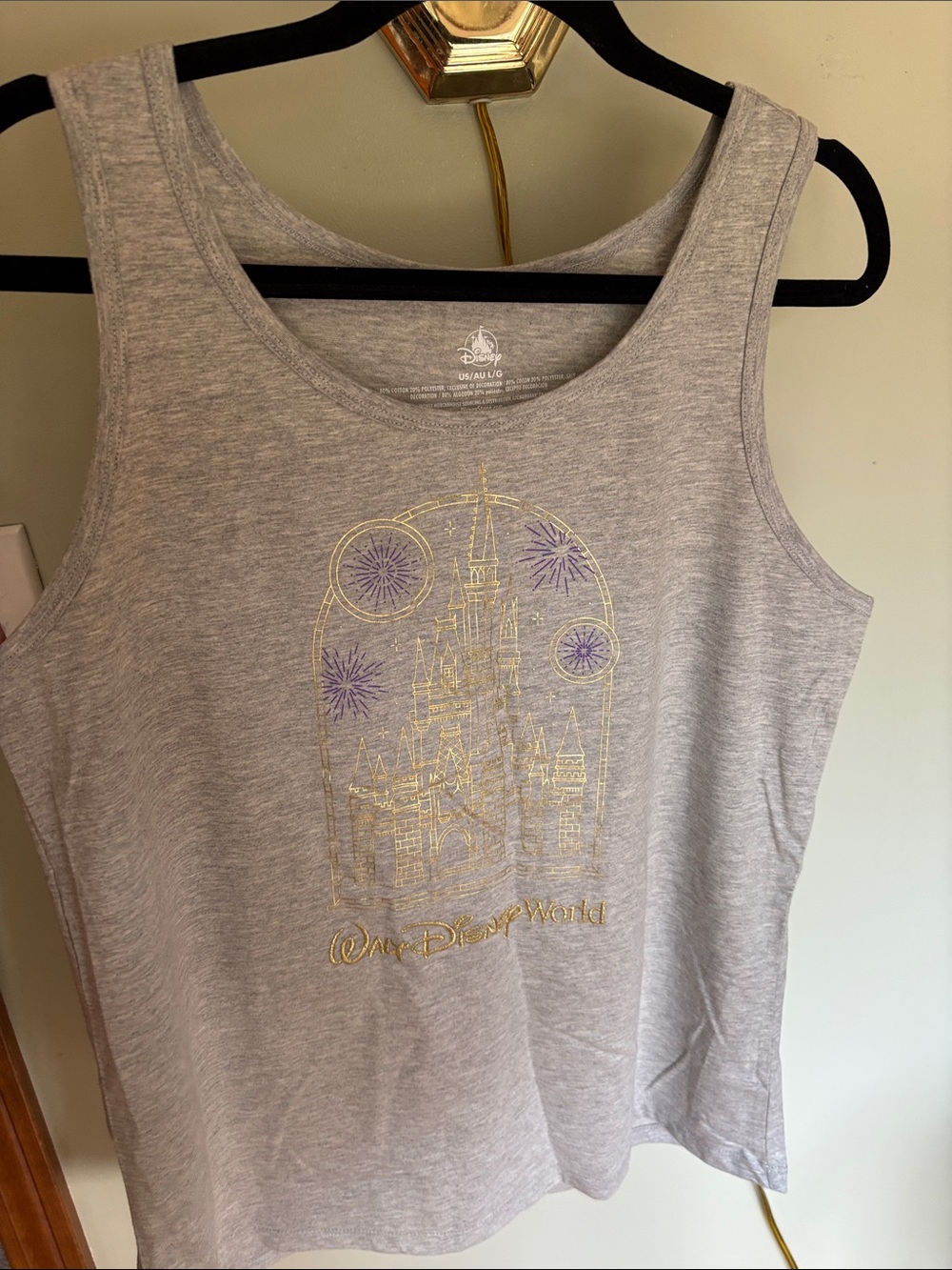 Disney Women’s Heather Gray Tank with Gold Castle and Purple Fireworks